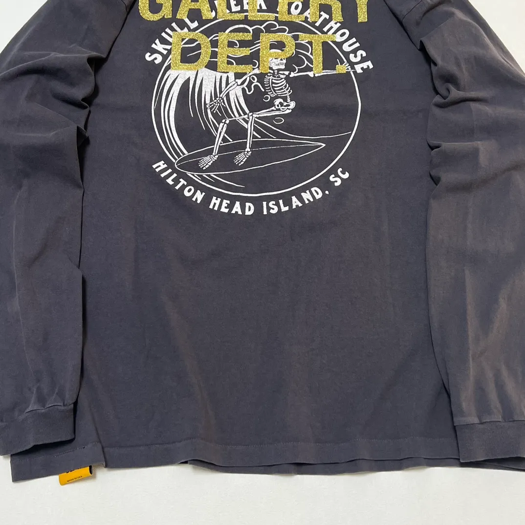 GALLERY DEPT. SKULL CREEK L/S TEE/BLK Glitter skull surf long sleeves, washed black S-XL, genuine development, correct version, garment dyed, washed and distressed, printing has a full sense of distress